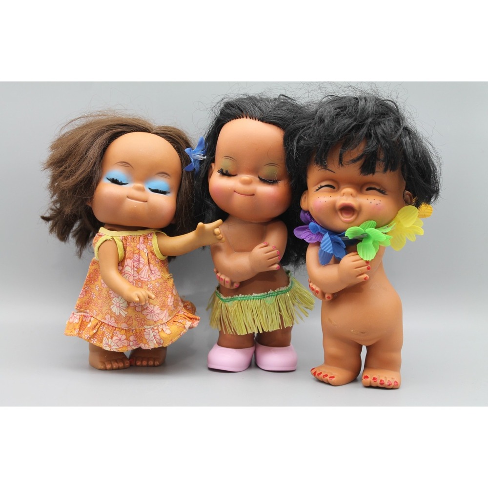 Vintage Hawaiian Hula Dolls Lot of 3 Island Souvenir Play Dolls 10"
